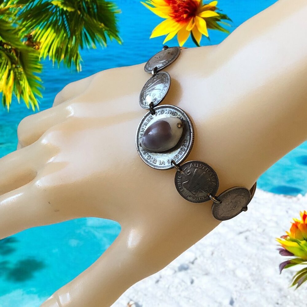 Australian Silver Coins WII Sweetheart Bracelet Shell Trench Art 6"